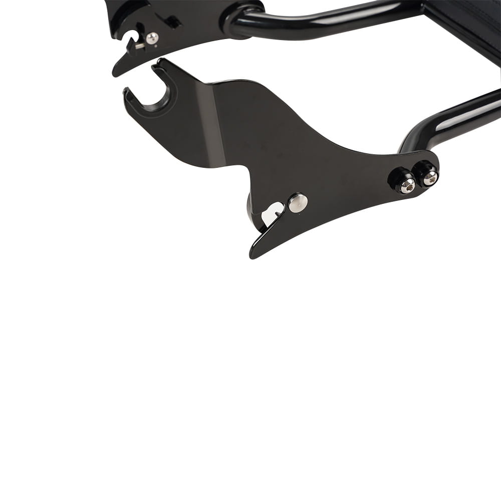 Black metal detachable passenger backrest rear luggage rack for Harley Touring 2009-2025 featuring a sleek angular design with polished silver bolts viewed from the back side.