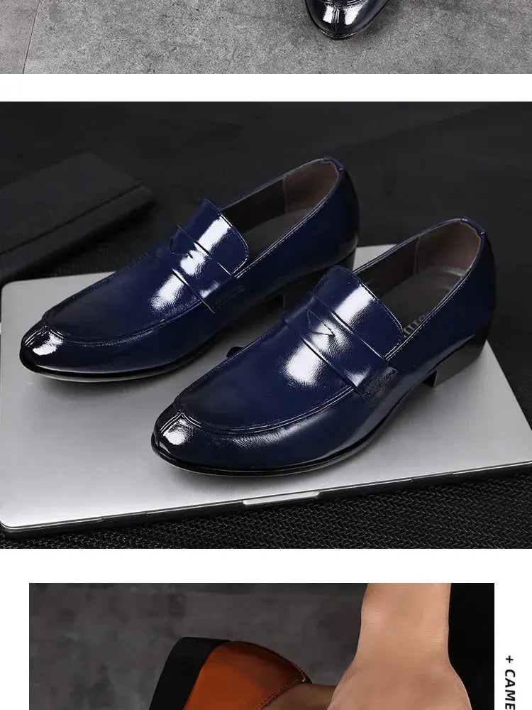 Navy blue patent leather men leather business dress shoes with a polished finish and classic slip-on design.