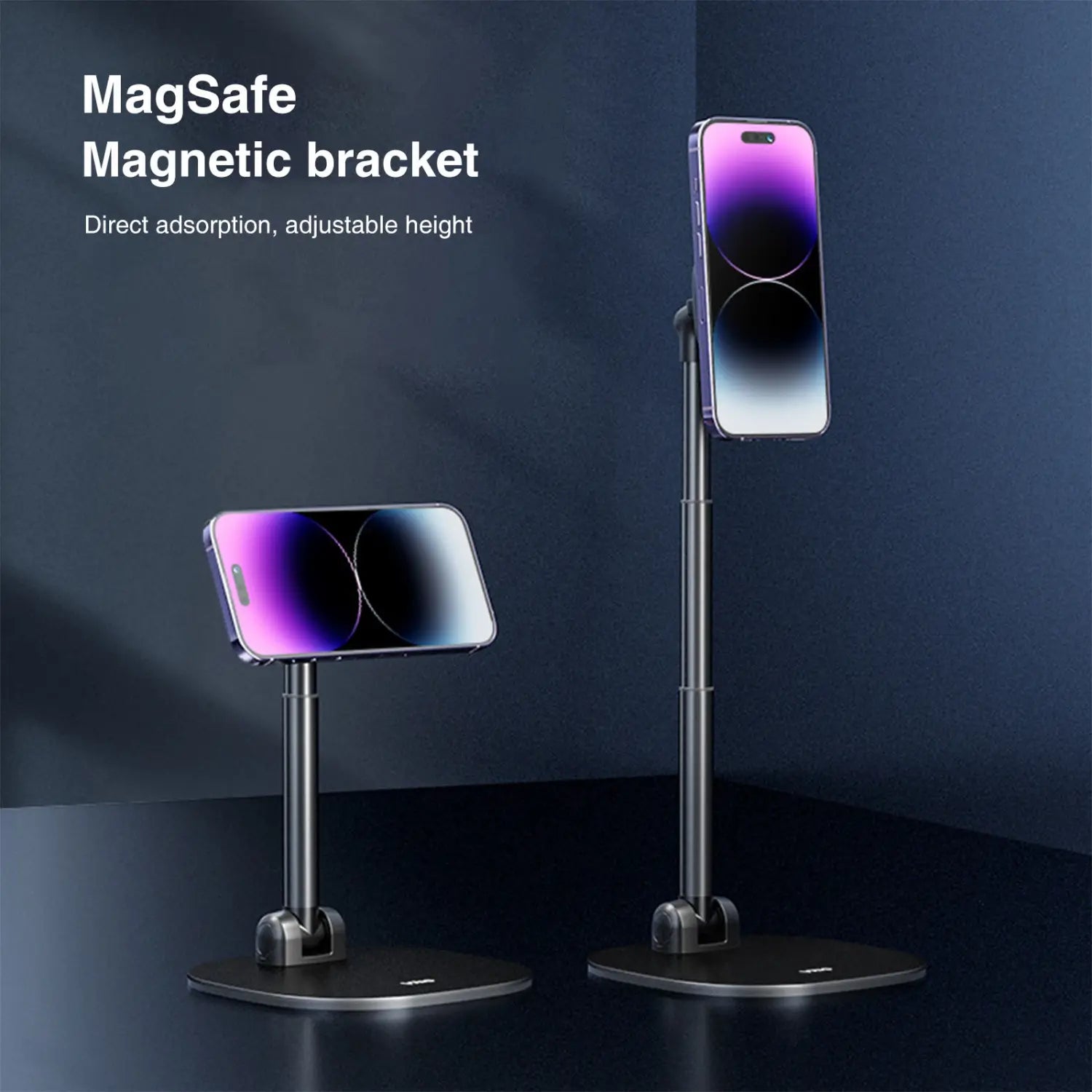 Schwarze Desktop-Magnethalterung mit MagSafe-Magnet-Handyhalter, verstellbarer Höhe und direkter Haftung zur kabellosen Aufladung.