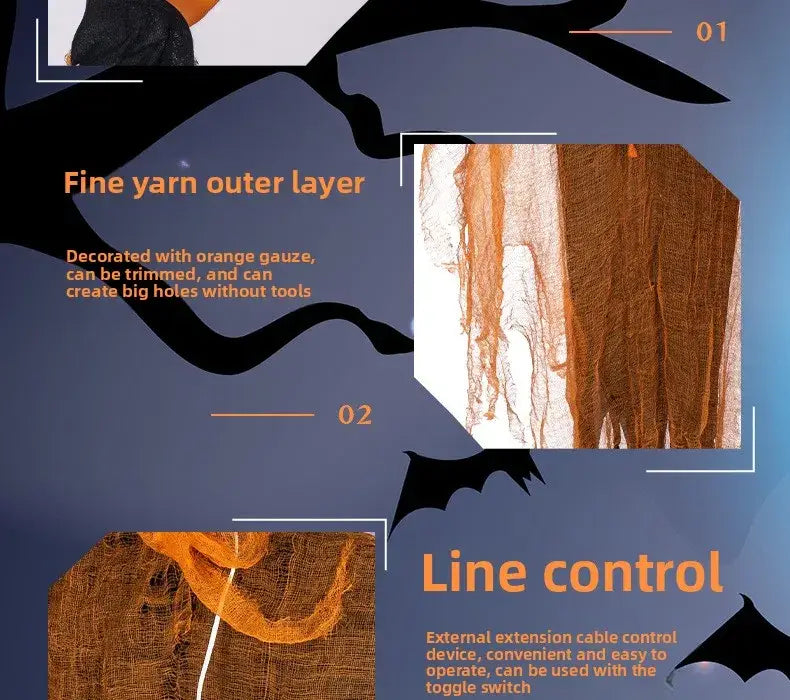 Capa exterior de hilo naranja con textura fina y delicada y detalles sutiles de gasa en una decoración de Halloween con espantapájaros de calabaza colgante y ojos LED.