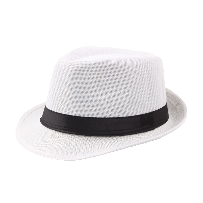 weißer Stroh-Fedora-Sonnenhut mit schwarzem Satinband, entworfen als unisex Sommer-Strandmütze