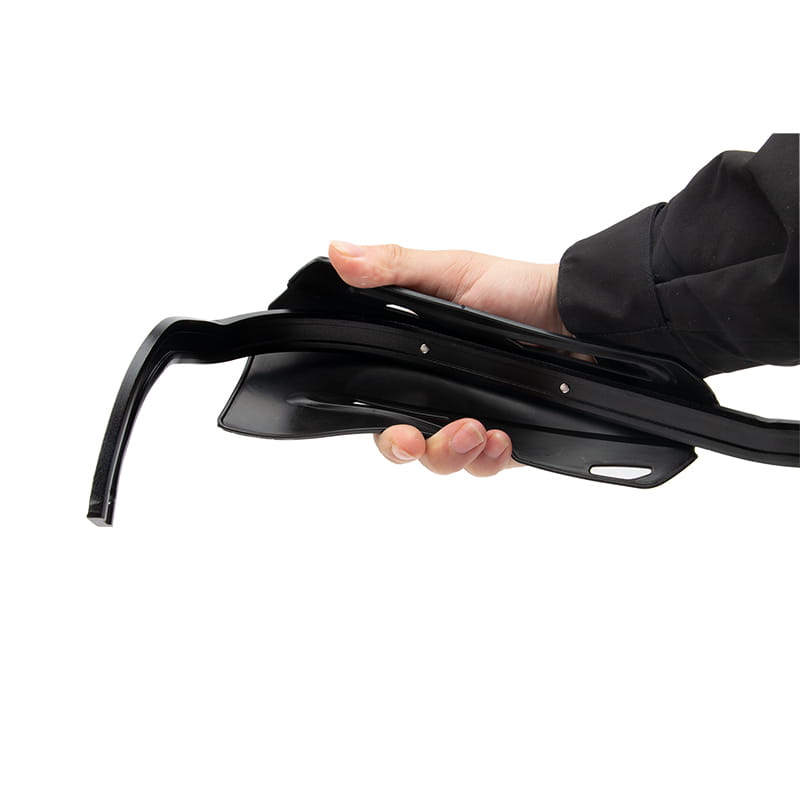 Black plastic motorcycle front fender shown from the back side included in the universal dirt bike handguard mounting kit.