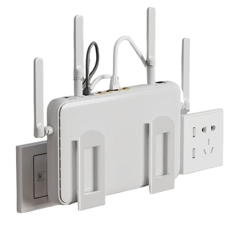 répéteur de portée sans fil blanc avec quatre antennes réglables, logé dans une boîte de rangement pour routeur murale élégante, dotée de fonctions de dissipation thermique, conçue pour une installation sur cloison murale