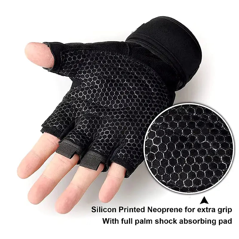 black fingerless weight lifting gloves with wrist wrap featuring a honeycomb-patterned neoprene palm and reinforced silicone grip designed for workout support