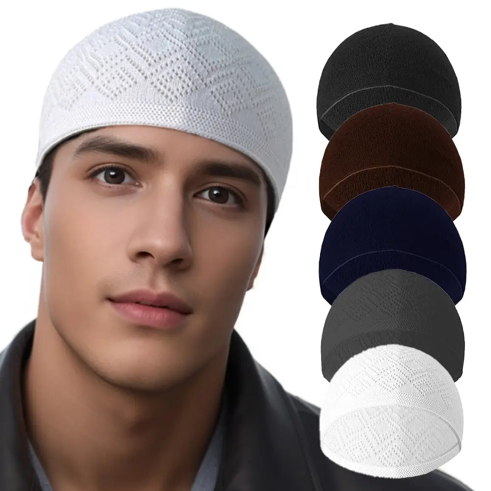 White knitted kufi beanie prayer cap with diamond-patterned texture.