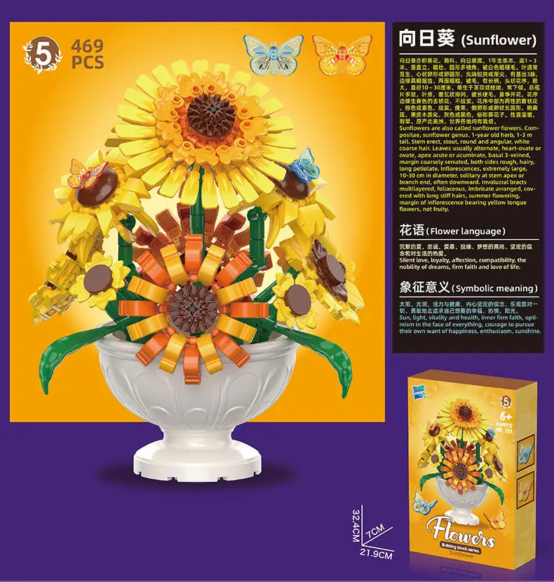 A vibrant yellow and orange sunflower bouquet made from interlocking Lego compatible building blocks displayed in a white ceramic vase as a potted plant toy.