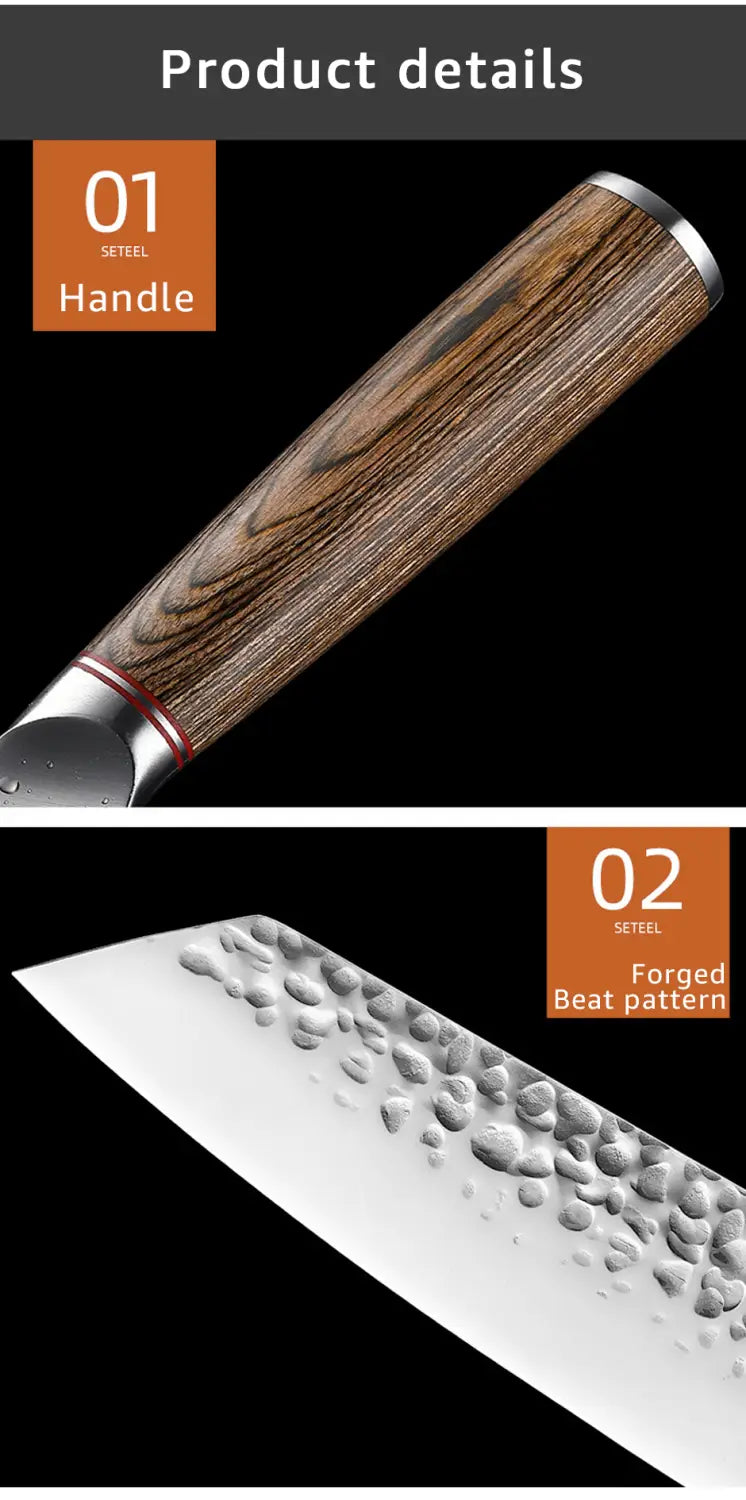 Wooden-handled forged stainless steel chef knife with a distinctive beat pattern on the blade.
