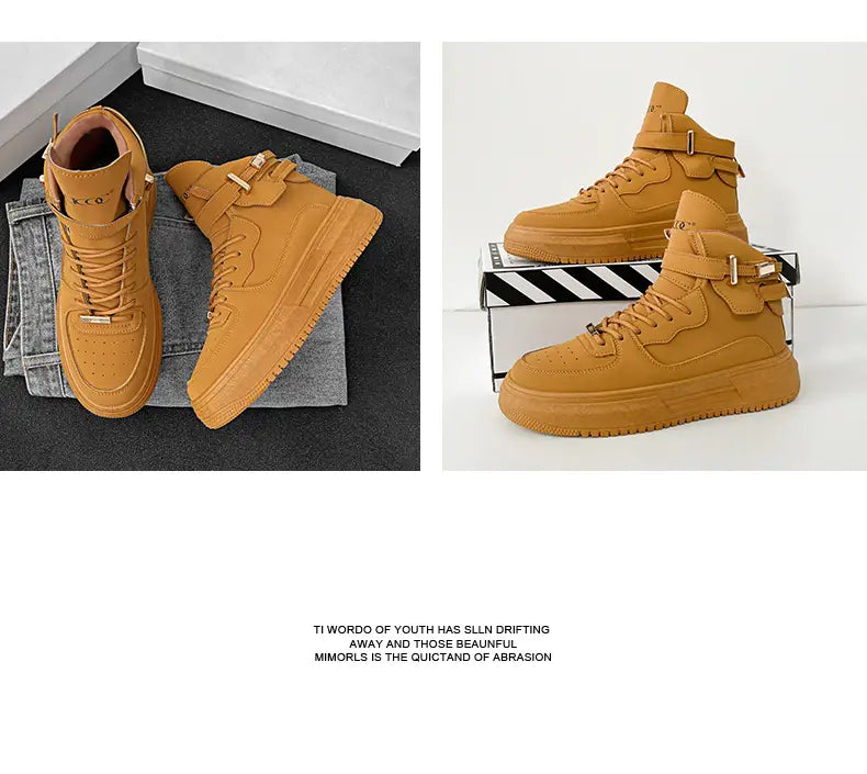 Men white high top sneakers with a chunky gold buckle and tan suede-like texture.