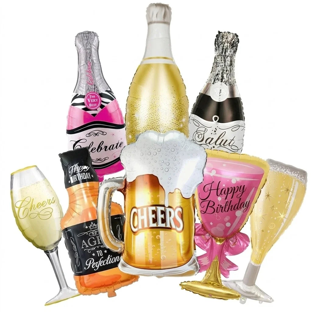 Adult Birthday Party Decor Large Champagne Foil Balloons Beer Mug Helium Globos for Men Women Black Gold Happy Birthday Banner
