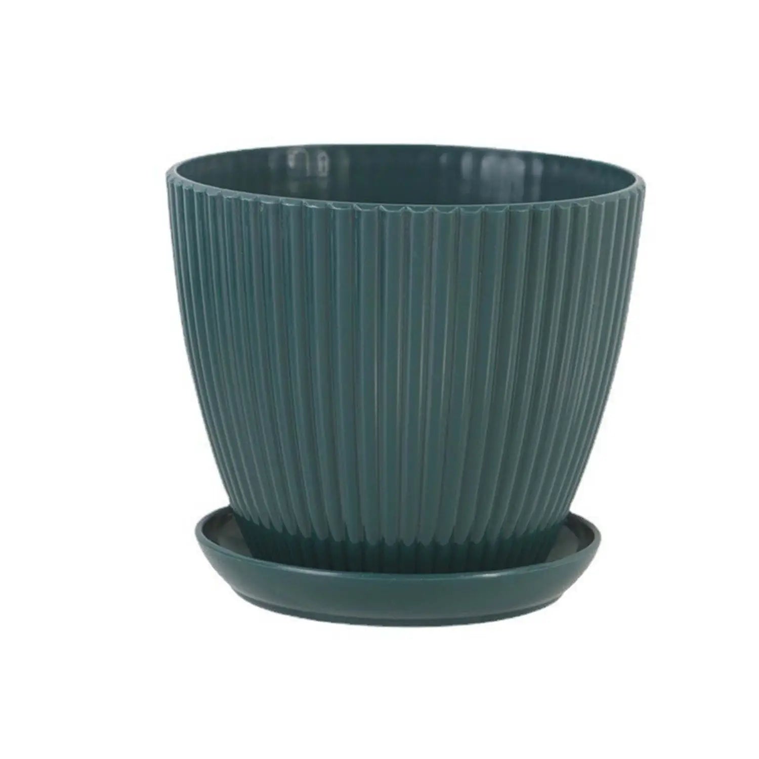 植え付けおよびガーデニング用途に適した、濃い緑色のリブ加工プラスチック製育苗ポットと同梱の受け皿のセット。