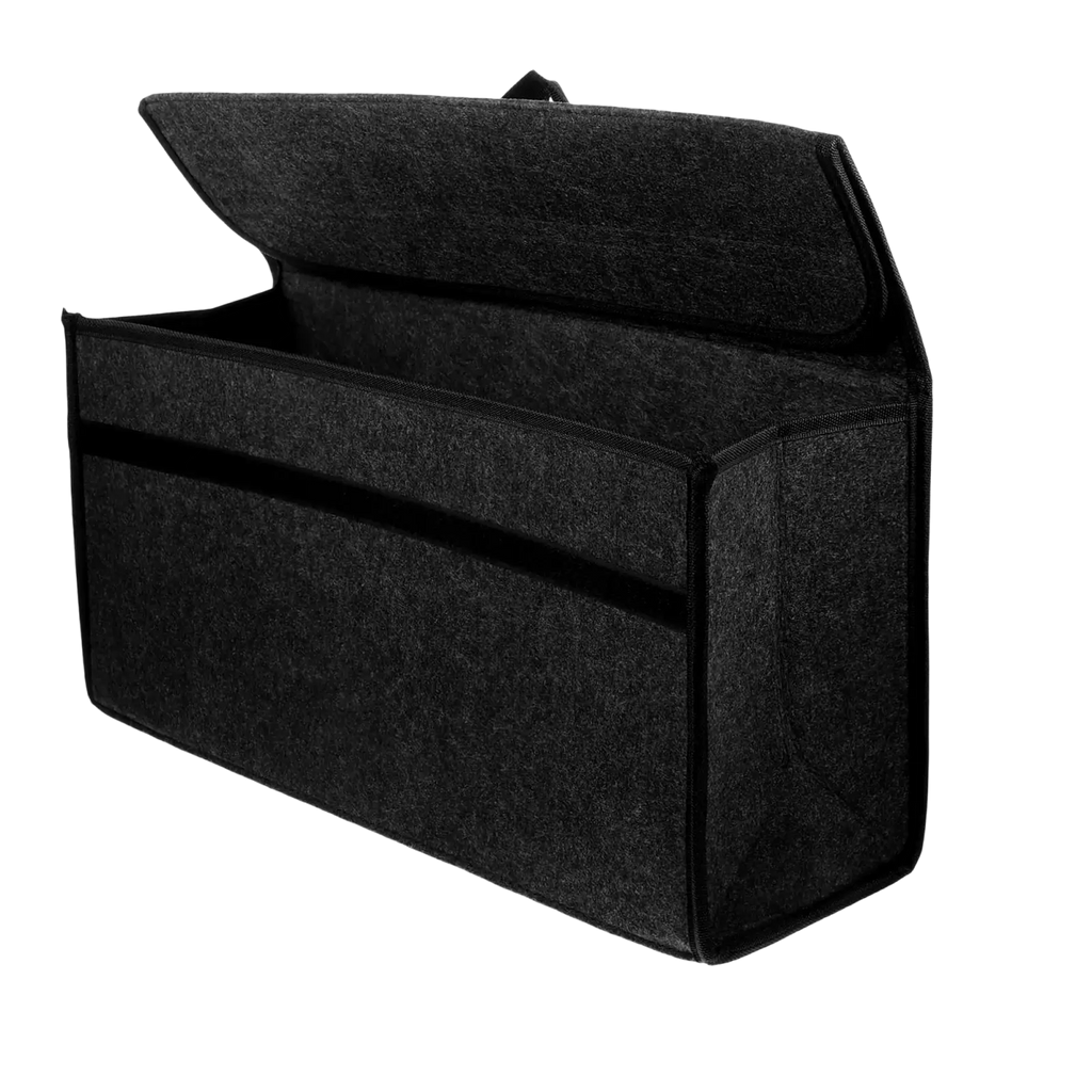 Black felt car trunk organizer with hinged lid and internal compartments storage bag 50cm x 24cm for boot use