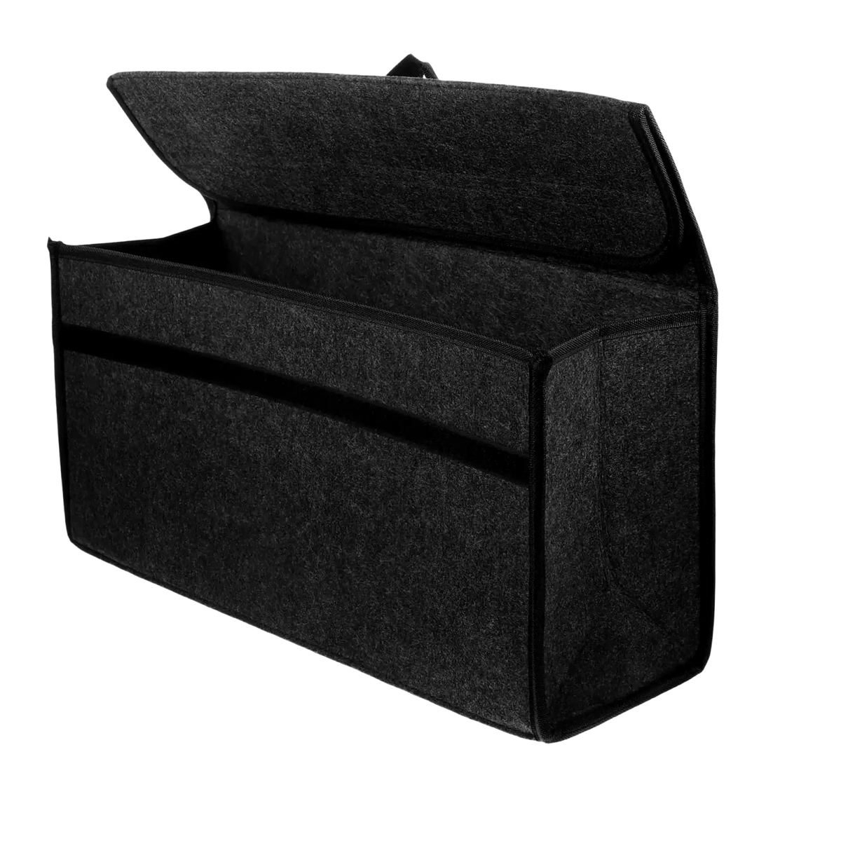 Black felt car trunk organizer with hinged lid and internal compartments storage bag 50cm x 24cm for boot use