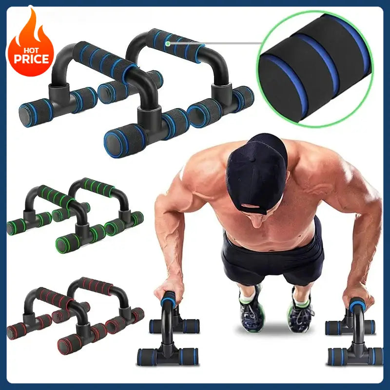 Adjustable push up bars for home muscle training featuring black and blue padded grips with adjustable resistance levels.