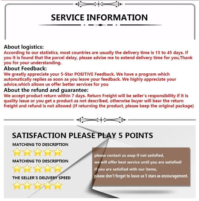 Service-Informationskarte mit schwarzer Schrift auf weißem Hintergrund für das Baby-Gesundheits- und Pflege-Set, mit Logistik-, Dankes-Feedback-, Erstattungs- und Garantiebedingungen sowie einem Kundenzufriedenheits-Bewertungssystem mit gelben Sternen.