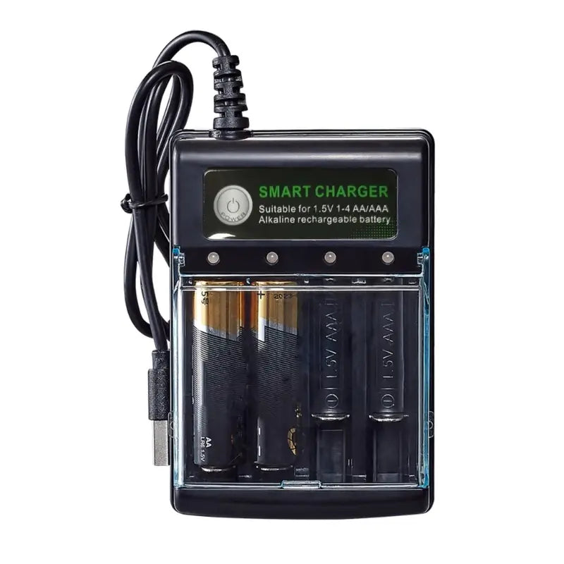 Black 1.5v alkaline battery charger 4 slot smart usb with a transparent front panel holding four aa batteries, featuring a green led display and usb cable.