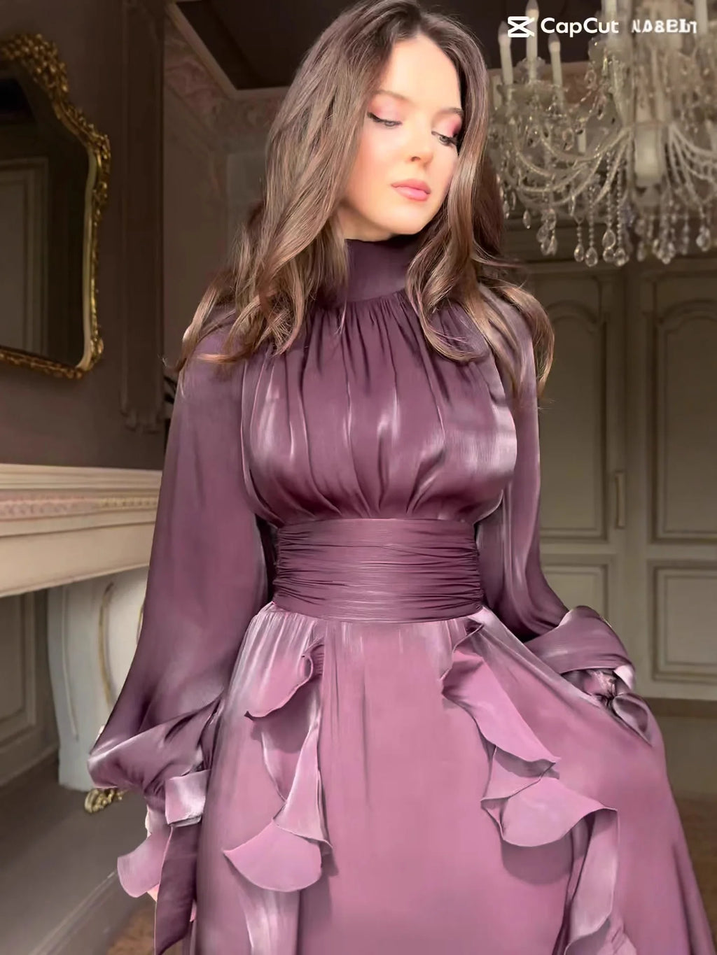 Women's Party Dresses Fashion High Waist Pleat Lady Casual High Collar Layered Banquet Dress Elegant Long Sleeve Evening Dress