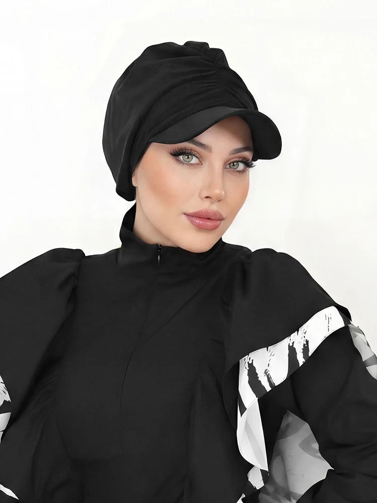Muslim Women Baseball Cap Hijab Solid Black Turban Hat Islamic Daily Headwear Modest Headscarf for Outdoor Sports Daily Wear