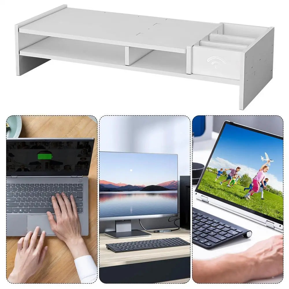 Elevador de monitor de plástico blanco de tres niveles y estantería organizadora para escritorio con un cajón y dos estantes para una organización eficiente del espacio de trabajo.