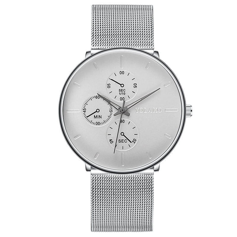 Montre à quartz à maille noire ultrafine pour hommes, avec un bracelet en maille argentée et un cadran blanc comportant trois sous-cadrans pour les secondes, les minutes et un autre affichage des secondes.