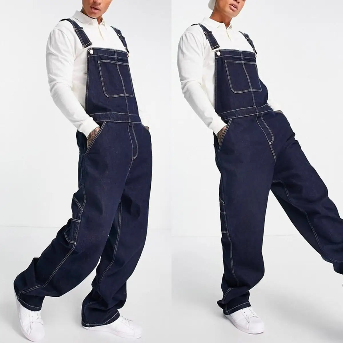 Men denim overalls loose casual bib jeans in dark blue denim with contrasting white stitching and a classic relaxed fit.