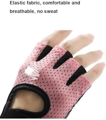 Pink perforated mesh fingerless weight lifting glove with black elastic trim for breathable gym exercise fitness shown from the back side.