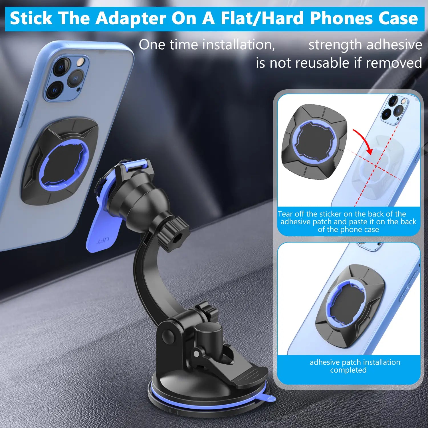 Black and blue suction cup car phone mount with adjustable arm and 360 rotation designed as dashboard holder for secure device use.