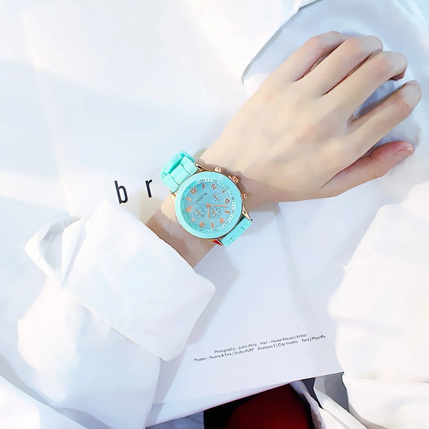 Women silicone quartz watch fashion chronograph with a turquoise silicone strap, gold-tone case, and matching dial featuring multiple subdials.