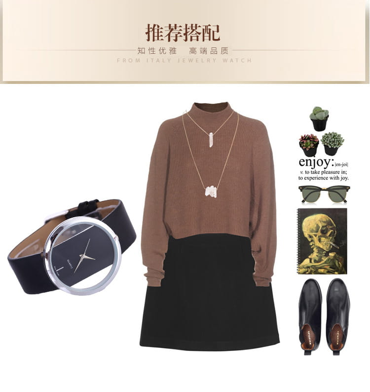 Black leather strap women luxury leather quartz watch with a sleek silver case and minimalist transparent black dial.