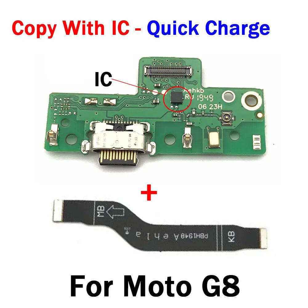 Green circuit board with a silver usb-c port and black integrated chip designed as a usb charging board replacement for Motorola moto g8 charging dock.