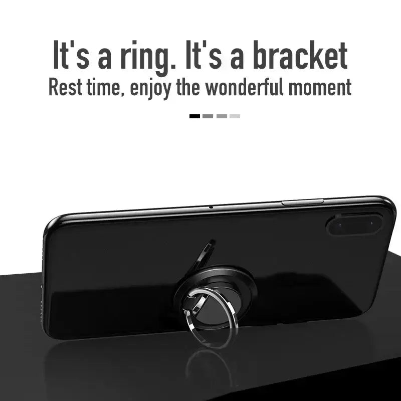 Black metallic magnetic phone holder finger ring stand with sleek circular design and adjustable rotatable grip