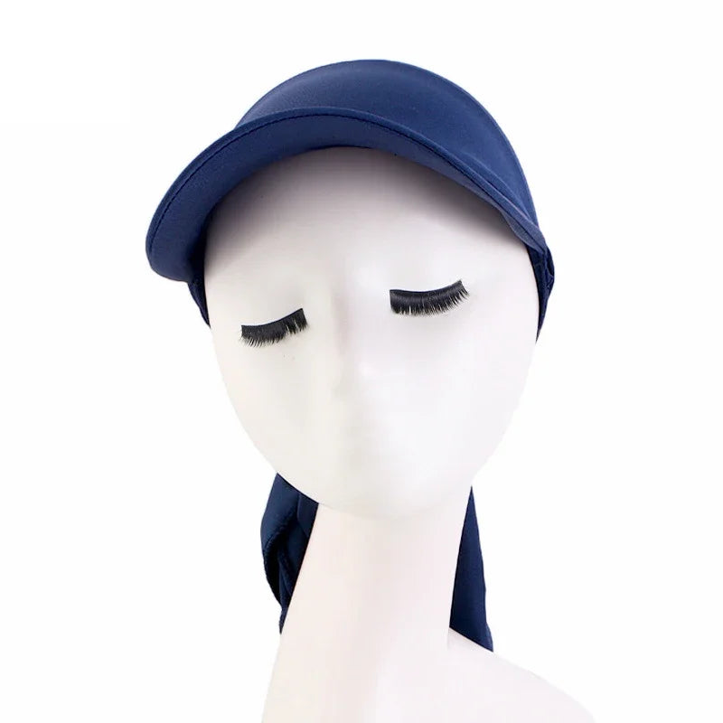 Muslim Women Brim Cap Sun Visor with Pre-Tied Elastic Turban Caps Head Scarf Hijab Female Hair Loss Outdoor Hat Bandana Headwrap