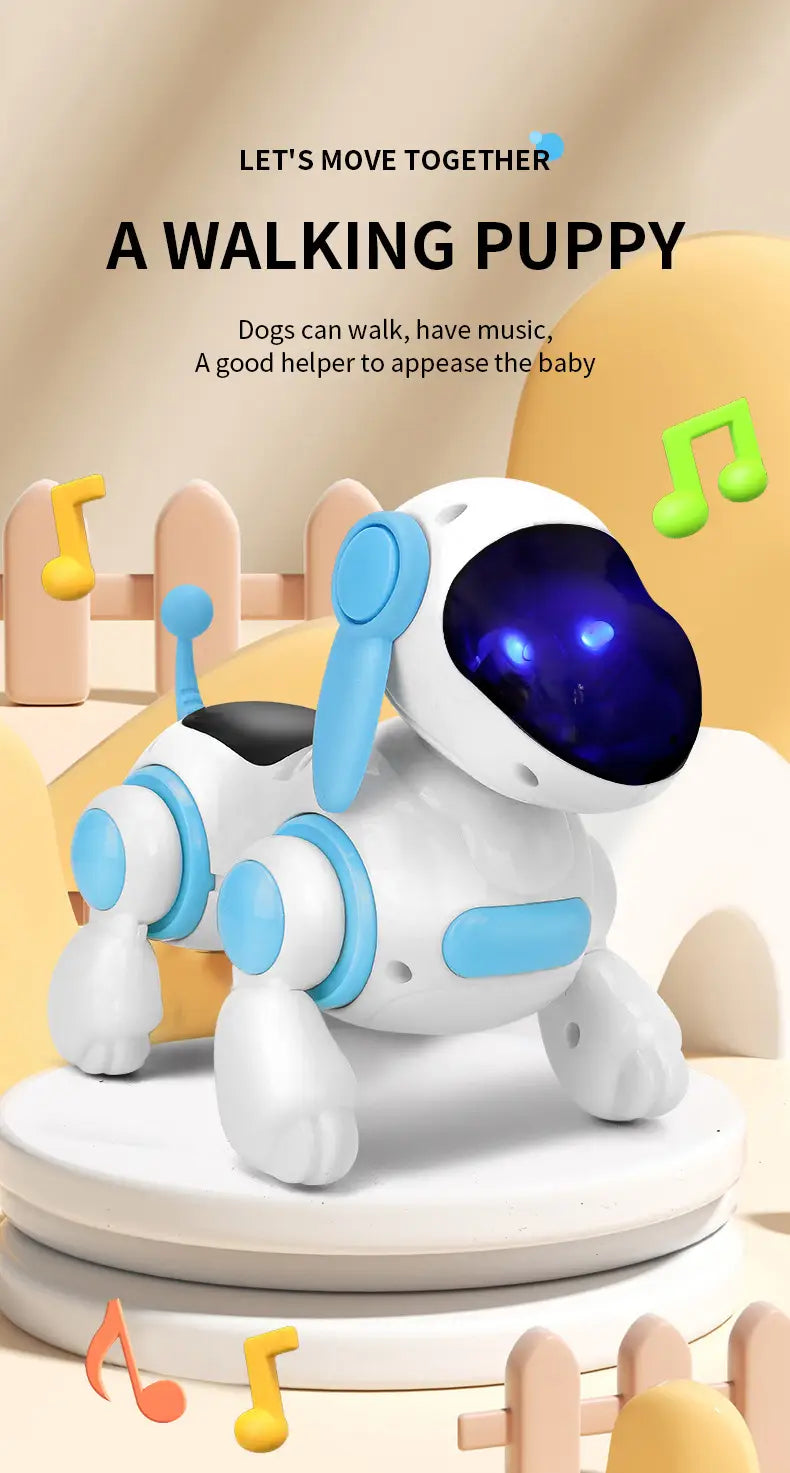 歩行および玩具用の音楽を再生するために設計された、光沢のある黒いアイパネルを備えた白色および淡い青色のインタラクティブなロボット犬の歩行玩具（ロボットの子犬玩具タイプのコレクション向け）。
