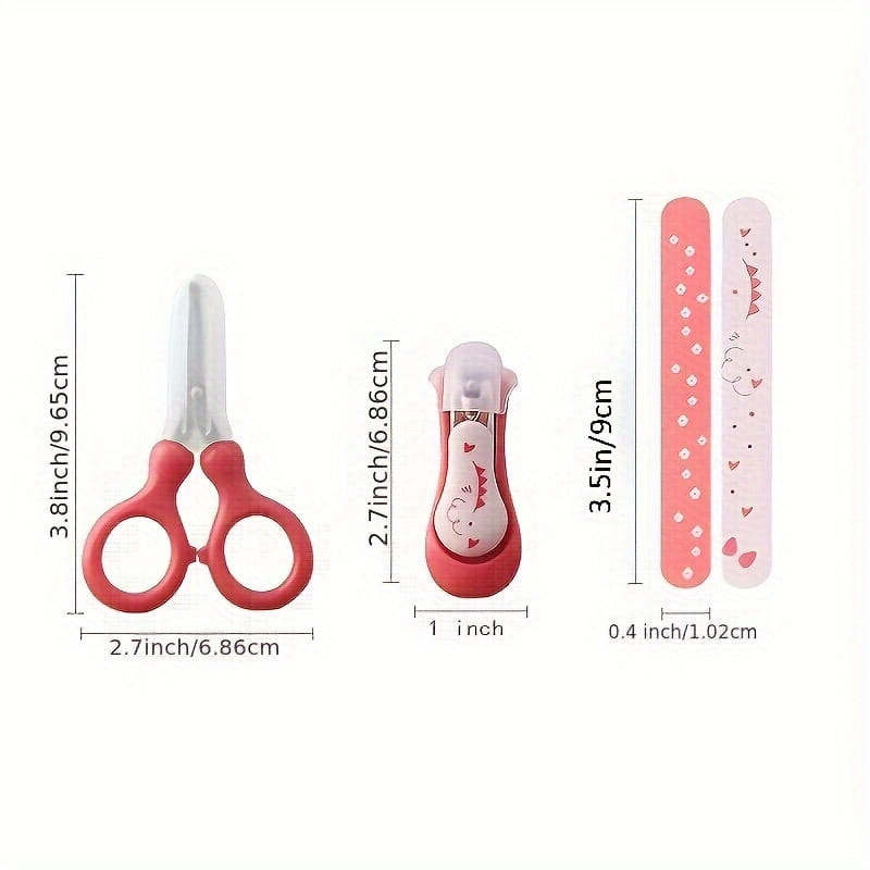 Baby nail care set 4-piece grooming kit featuring pink and white child-friendly scissors, a dinosaur-themed nail clipper, and two soft pink finger files with heart patterns.