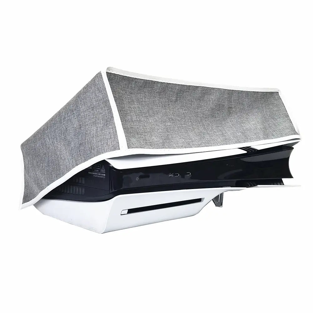 gray textured oxford cloth cover with white trim designed to fit over a ps5 pro console as a horizontal dust cover