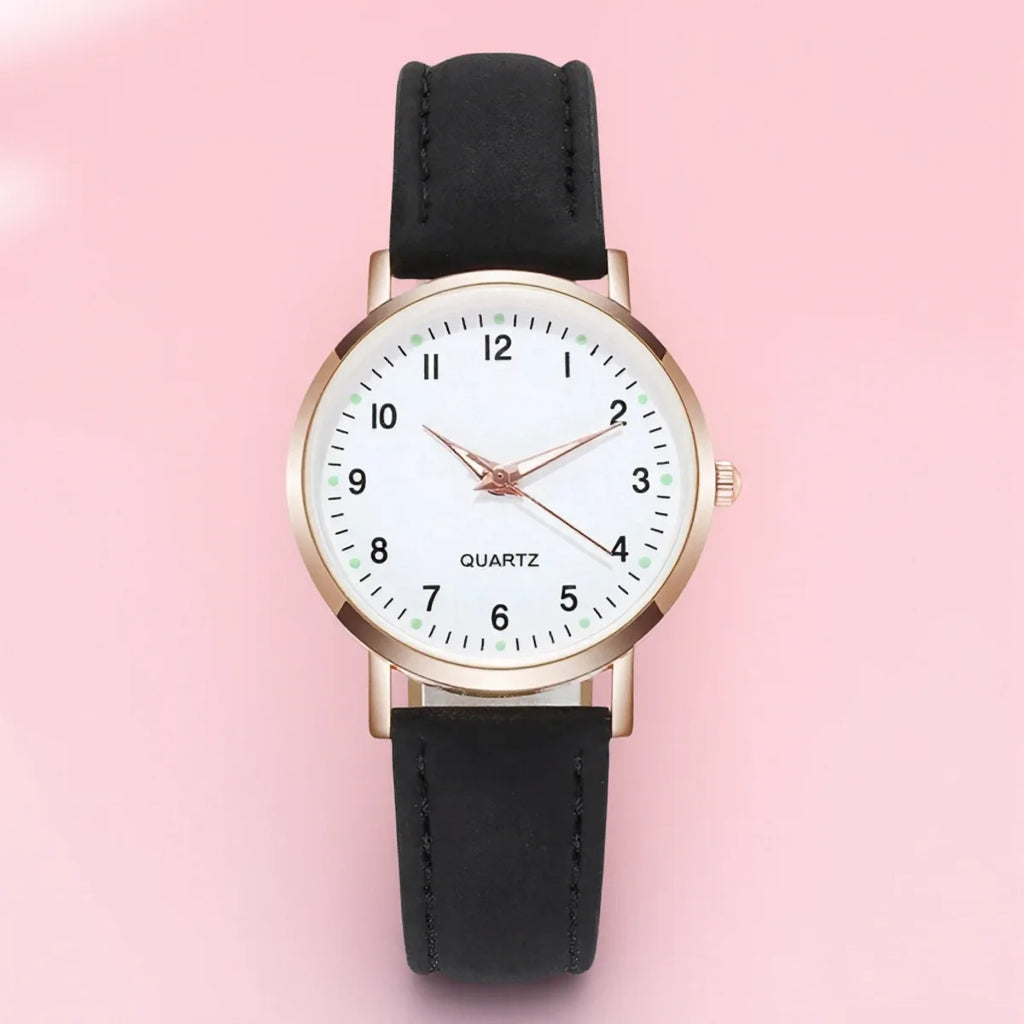 Women Casual Round Quartz Watch Luminous Analog Wristwatch PU Leather Strap for Girls Students