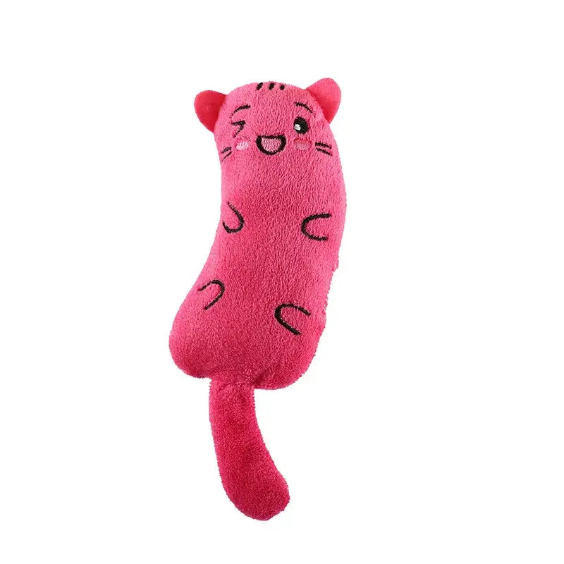 黒い刺しゅうの表情と、柔らかな素材で作られたスポット模様を備えたピンクのぬいぐるみ猫のおもちゃ。ぬいぐるみキャットニップおもちゃタイプの中で、子猫が噛んで遊ぶためのインタラクティブなおもちゃとして設計されています。