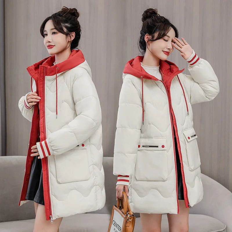 Winter Thicken Hooded Cotton Padded Jacket Women Fashion Contrast Color Mid-length Warm Coats Ladies Loose Big Pockets Outerwear