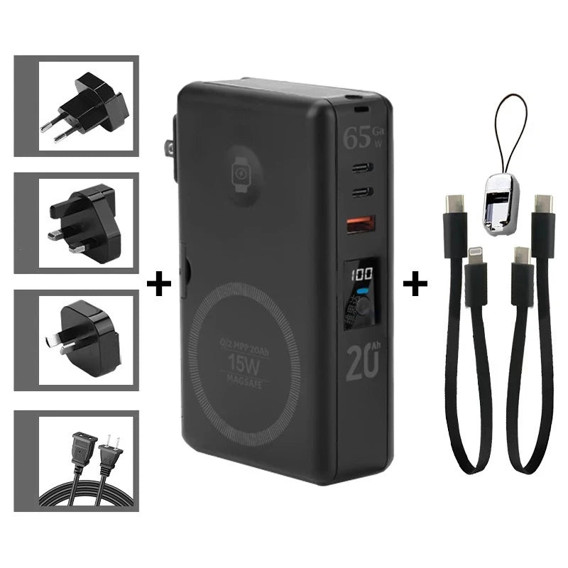 65W GaN USB C Charger Power Bank 20000mAh Qi2 Magnetic Wireless Fast Charger for iPhone 16 iWatch Laptop Powerbank with AC Plug