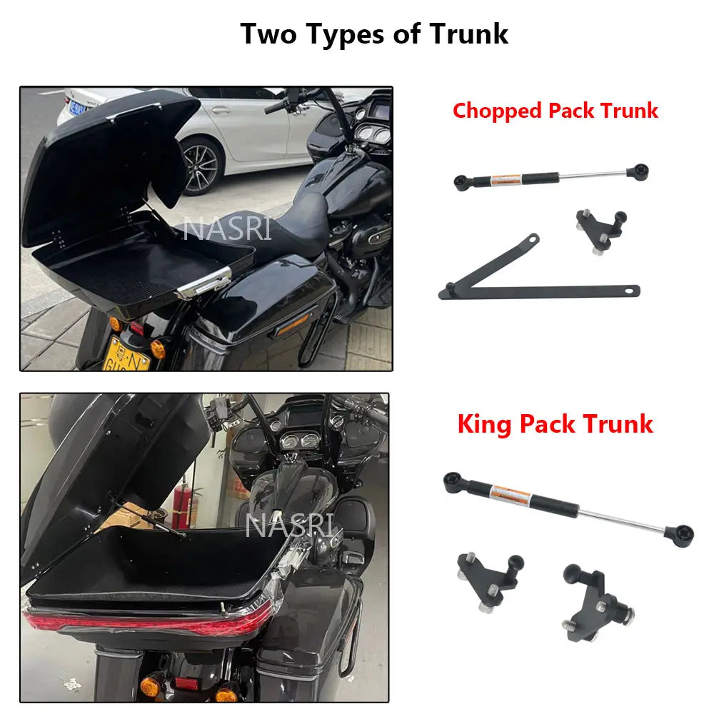 Black glossy finished Harley touring trunk support rod with sleek modern design and integrated handle for easy access shown from the back side
