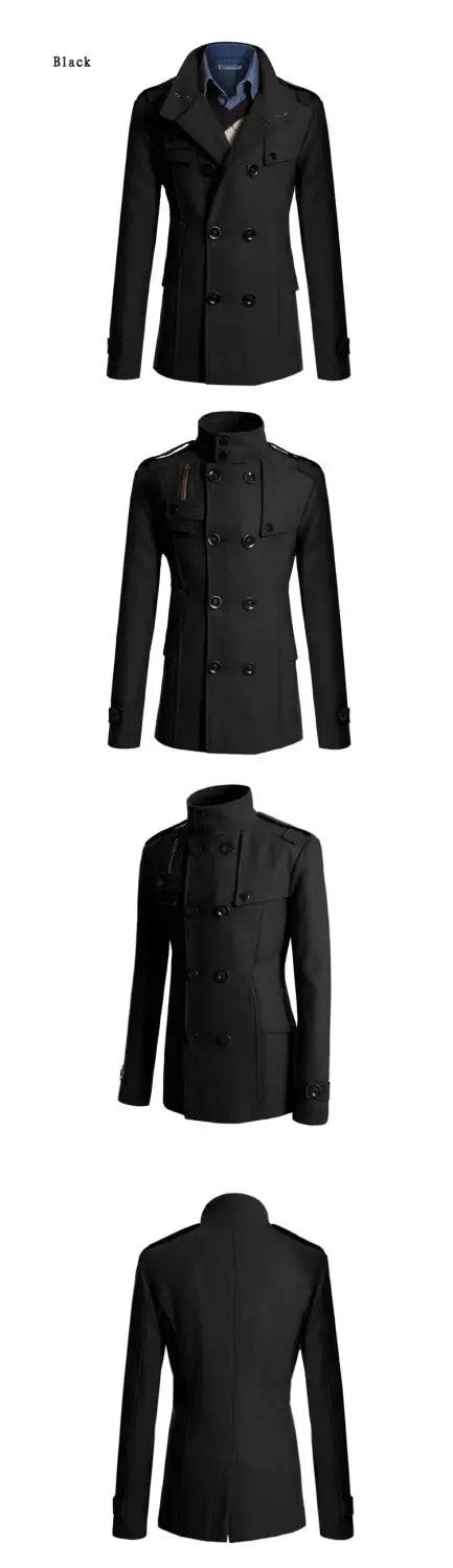 Abrigo de lana para hombre, cruzado doble, negro, con cuello alto y puños abotonados, mostrado de frente