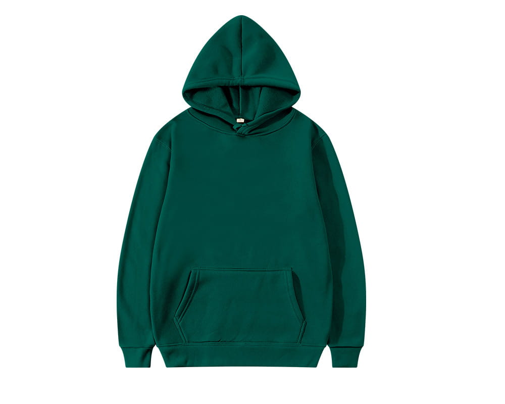 Sudadera con capucha informal para hombre color verde profundo, con bolsillo frontal y puños acanalados, elaborada con material suave.
