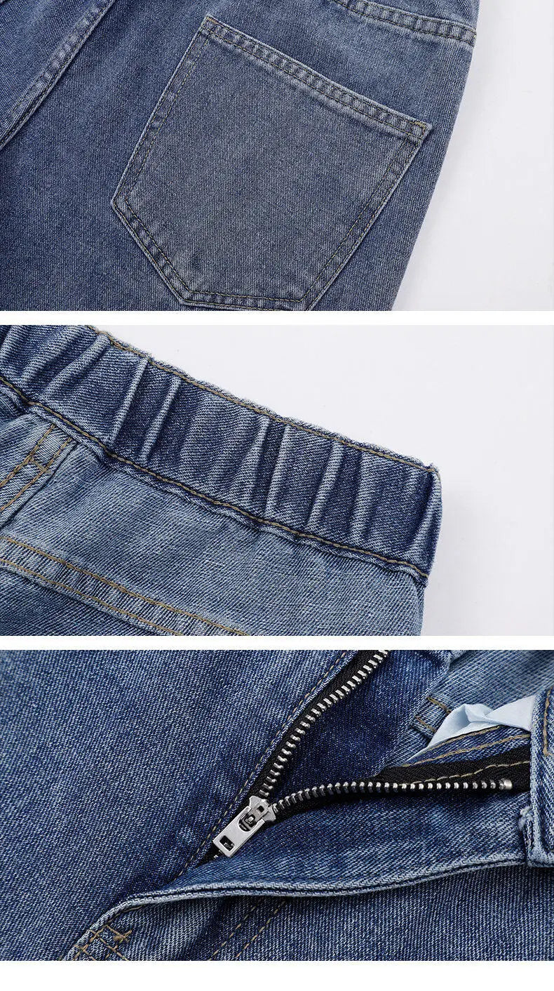 Herren-Casual-Jeans in geradem Schnitt mit weitem Bein in Blau mit klassischem Design, Frontreißverschluss und elastischem Bund.