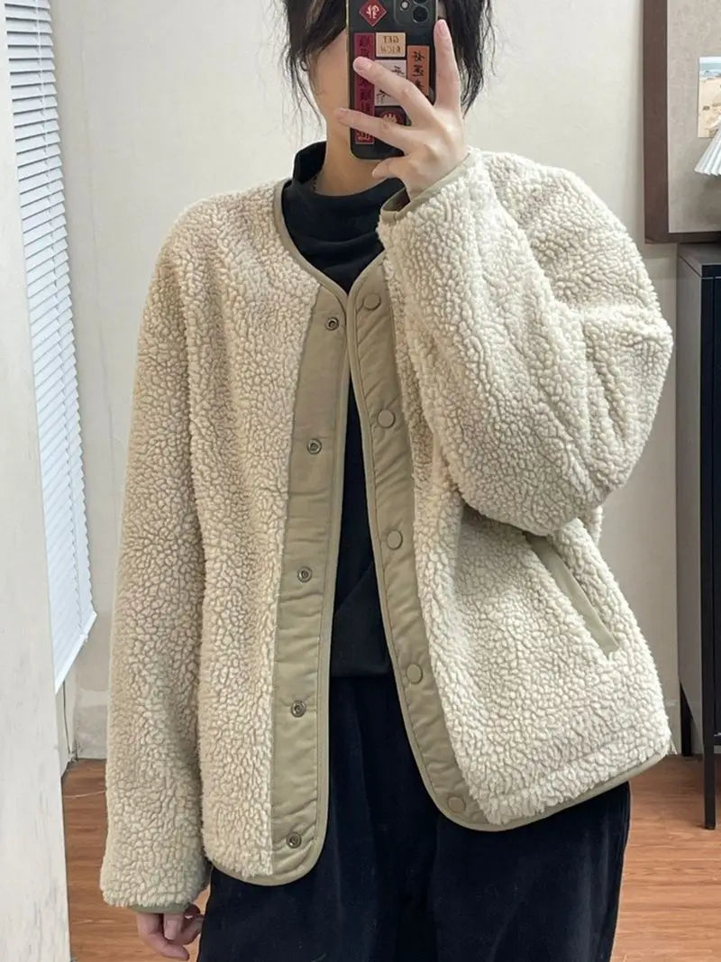 Fashionable and Versatile Lamb Wool Jacket for Women in Winter with Thick Cotton Padded Coat and Loose Cardigan Top