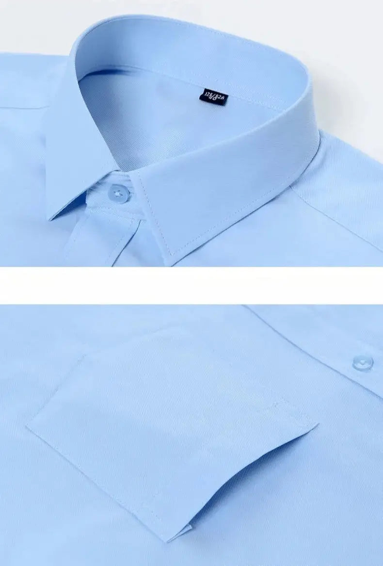 Light blue cotton long sleeve dress shirt with a classic collar and buttoned cuffs designed for formal office wear and featuring anti wrinkle fabric.