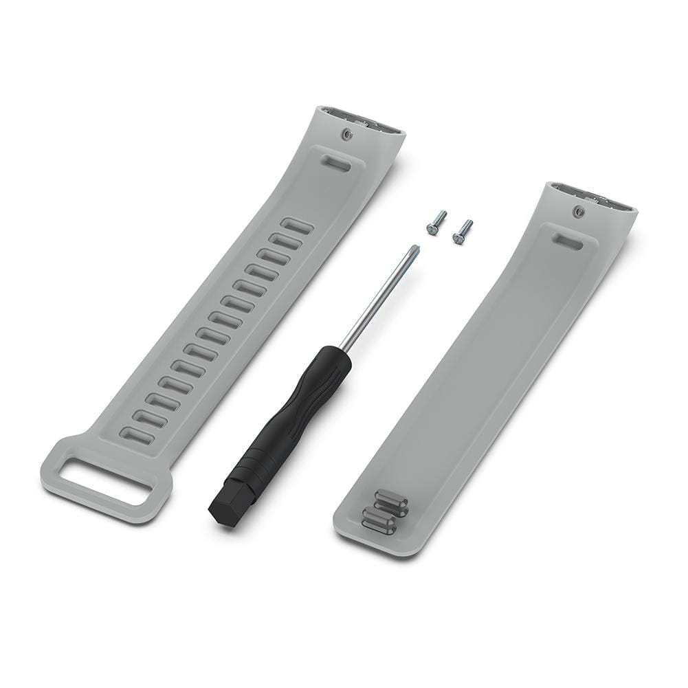 Bracelet en silicone gris pour Huawei Band 2 Pro, bracelet pour poignet, avec finition mate et fentes réglables, illustré avec un tournevis à poignée noire et de petites vis métalliques pour l’installation de la sangle de bracelet.