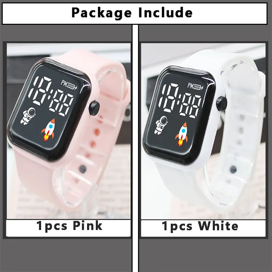 Montre électronique pour enfants, garçons et filles, de type sport numérique LED, rose et blanc, avec icônes d’astronaute et de fusée sur l’affichage