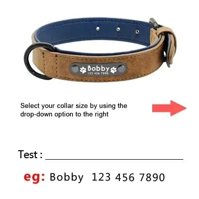 Customized leather dog collar featuring brown leather with navy blue inner lining and a silver engraved nameplate displaying the name bobby and paw prints, providing clear customization information.