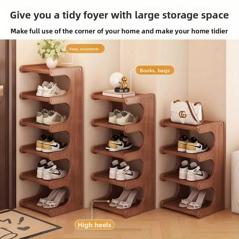 meuble-bottes en bois brun à étagères courbées et à plusieurs niveaux pour ranger différents types de chaussures, organisateur de rangement en bois brun pour chaussures