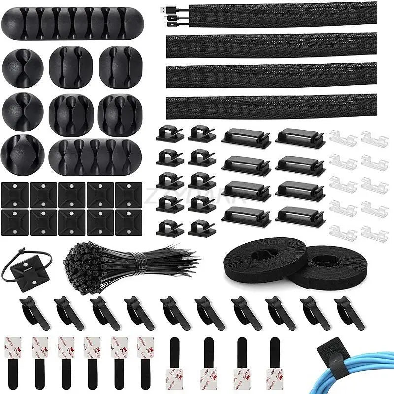 Black 173 piece cable management kit and cord organizer with assorted clips ties and organizers for neat wiring.