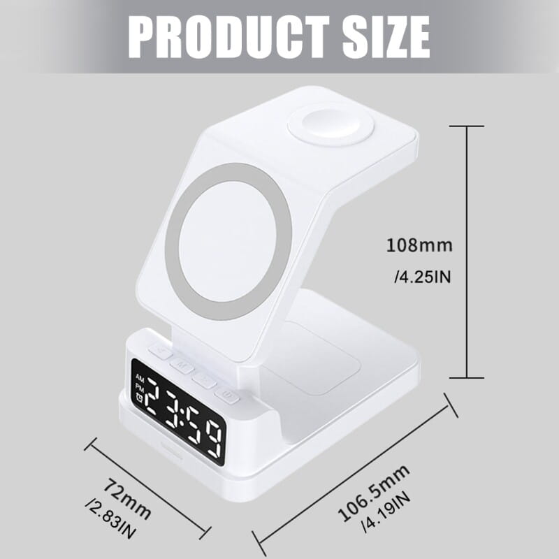 white wireless chargers 4 in 1 multiple devices stand with digital clock display and high output power for convenient charging of multiple devices.